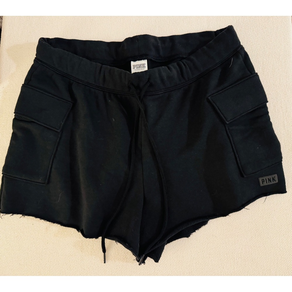 Pink Victorias Secret Womens‎ Black Cargo Sweat Shorts Raw Hem Size Large